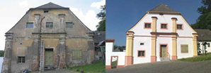 Beamtenhaus, Schmuckgiebel vor der Restaurierung (7.7.2010, oben) und danach (18.5.2011)